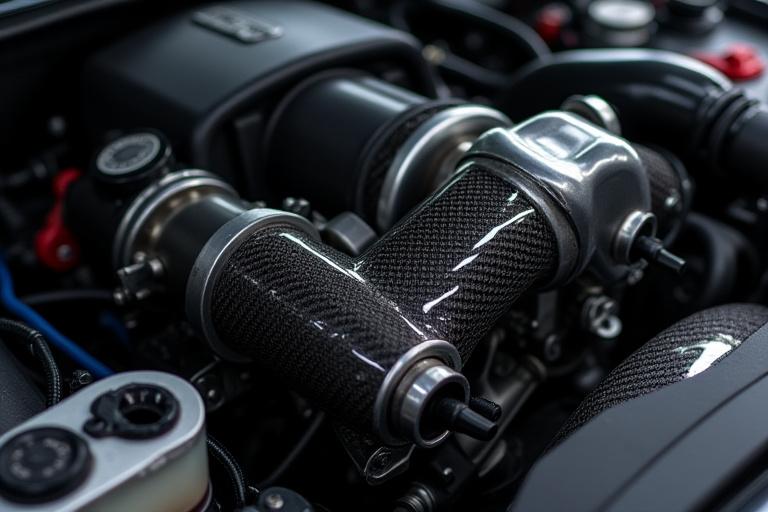 高性能エンジンルームのクローズアップ、カーボンファイバー製のパーツと改良されたターボチャージャー